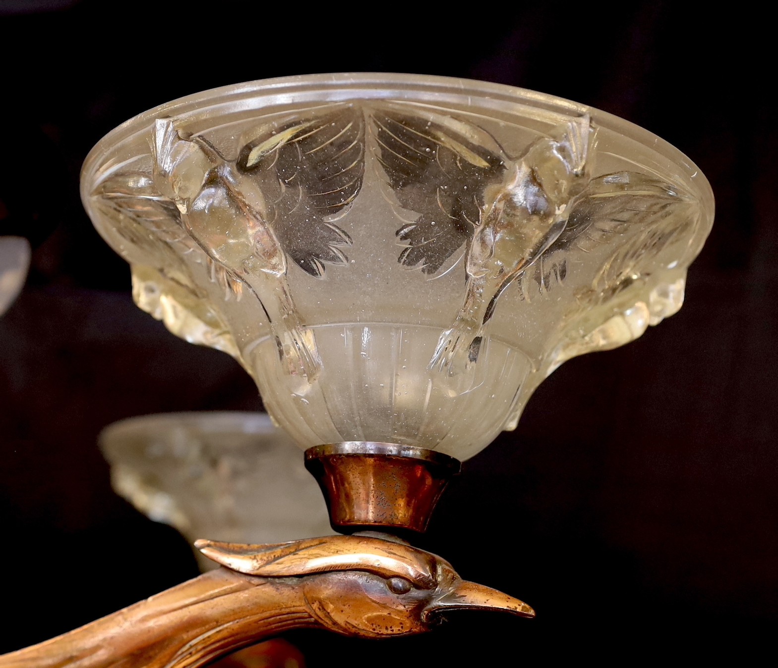 A Boris Lacroix Art Deco copper and frosted glass light fitting, height 84cm. width 82cm
